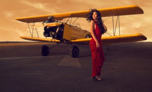 Sunset red dress photoshoot at the Canadian Museum of Flight, Image taken by photographer Eric J.W. Li and hair and make up by Teresa Binkle who studied at the Blanche Macdonald Centre in Vancouver